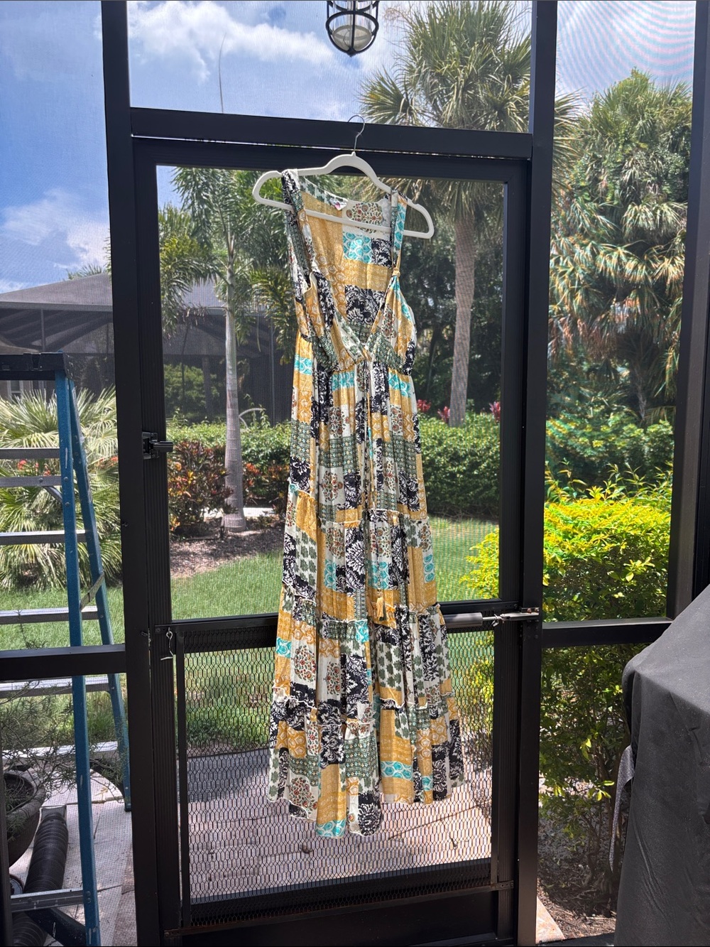 Sleeveless Patchwork Maxi Dress in Mustard, Teal & Black.